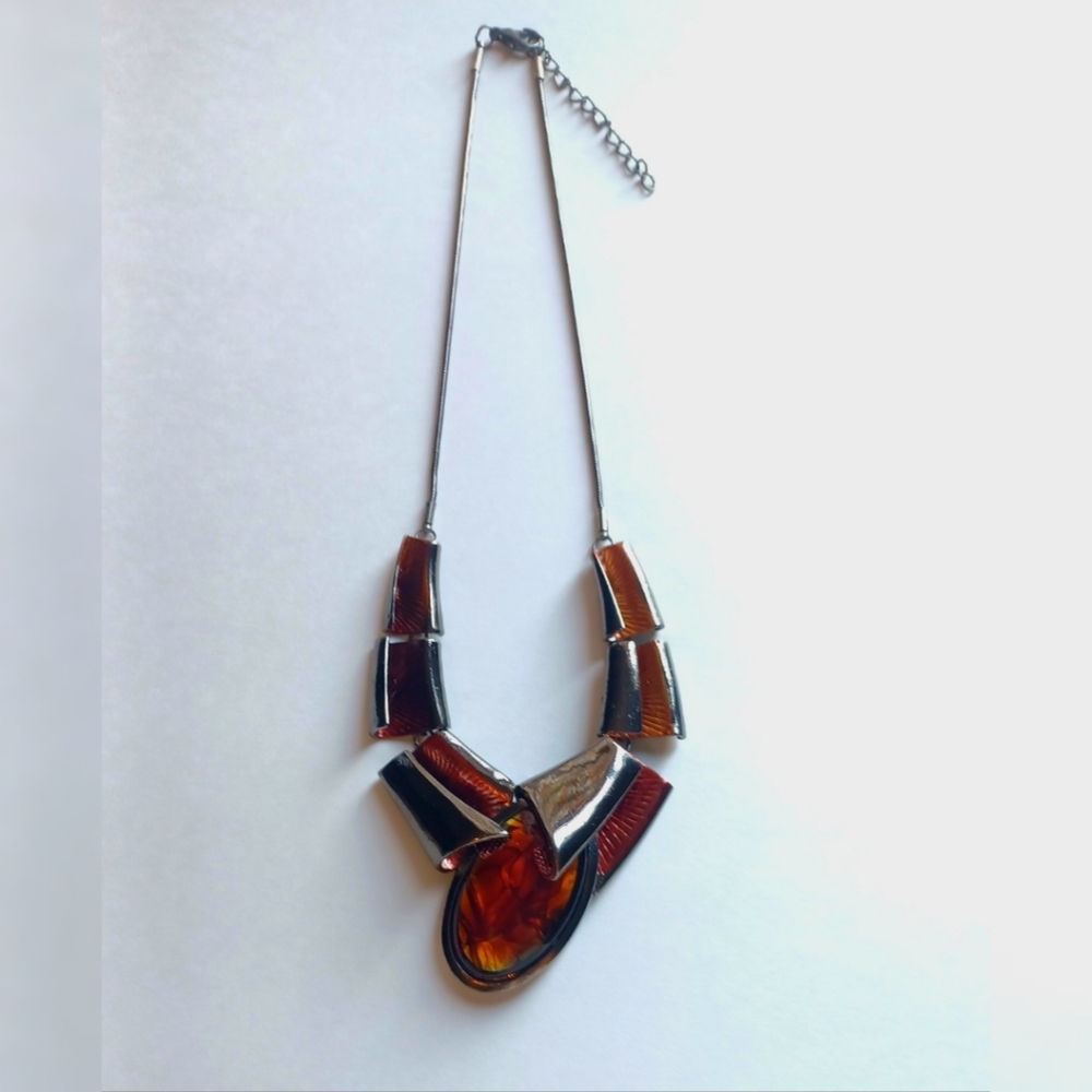 Retro 90s Articulated Silver & Orange Modernist Artisnal Metal & Resin Necklace